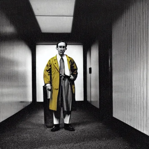 Image similar to a 1 9 5 0 s male scientist wearing a lab coat standing lost in the backrooms, mono - yellow old moist carpet, empty liminal space, very dark shadows, broken fluorescent lighting, horror movie scene, film grain