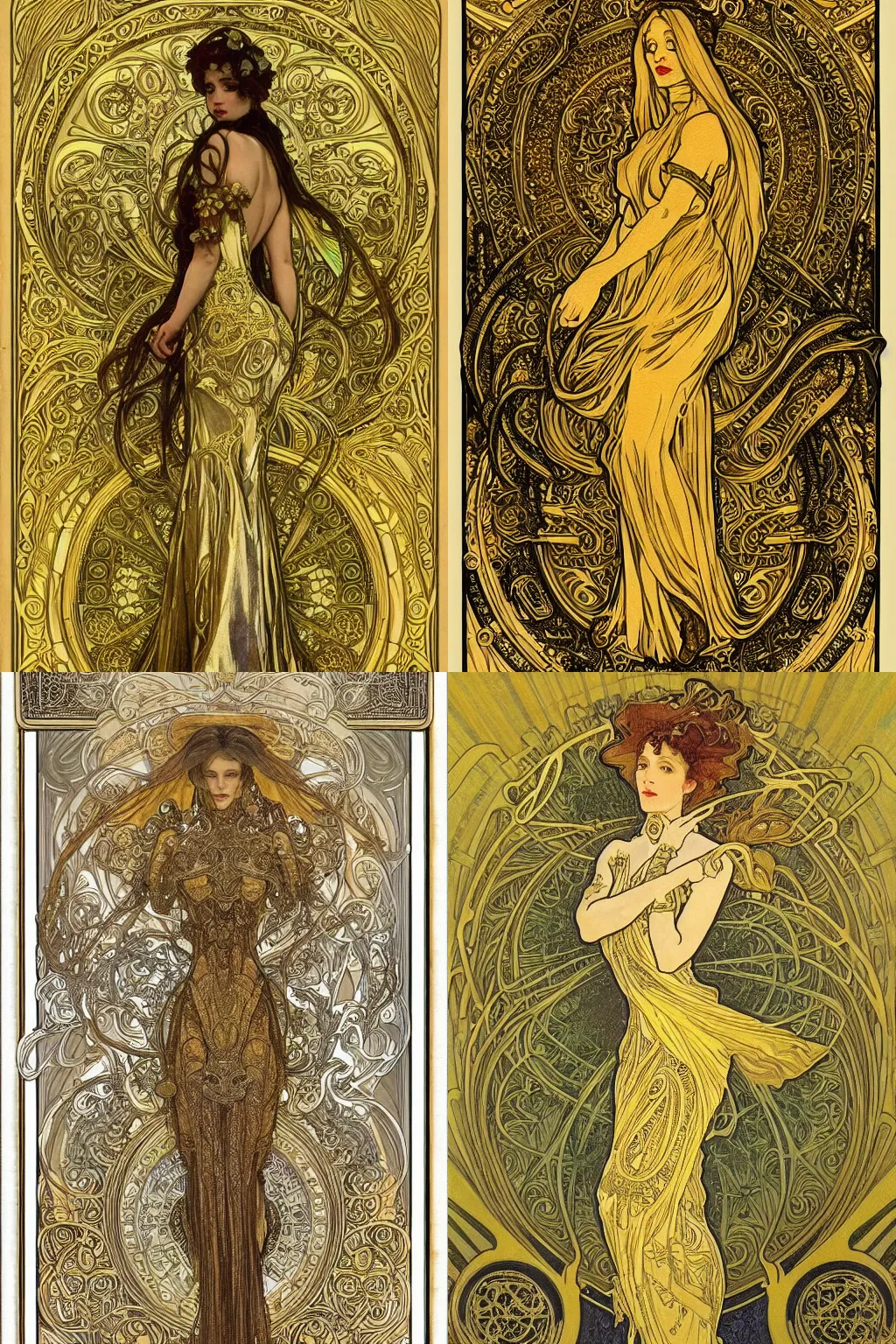 Prompt: beautiful alien humanoid wearing a flowing golden dress, Victorian, full body, full length, Art Nouveau, style of Alphonse Mucha, gilded, baroque, filigree border, insanely detailed and intricate, hypermaximalist, elegant, ornate, hyper realistic, super detailed, gritty texture, high contrast