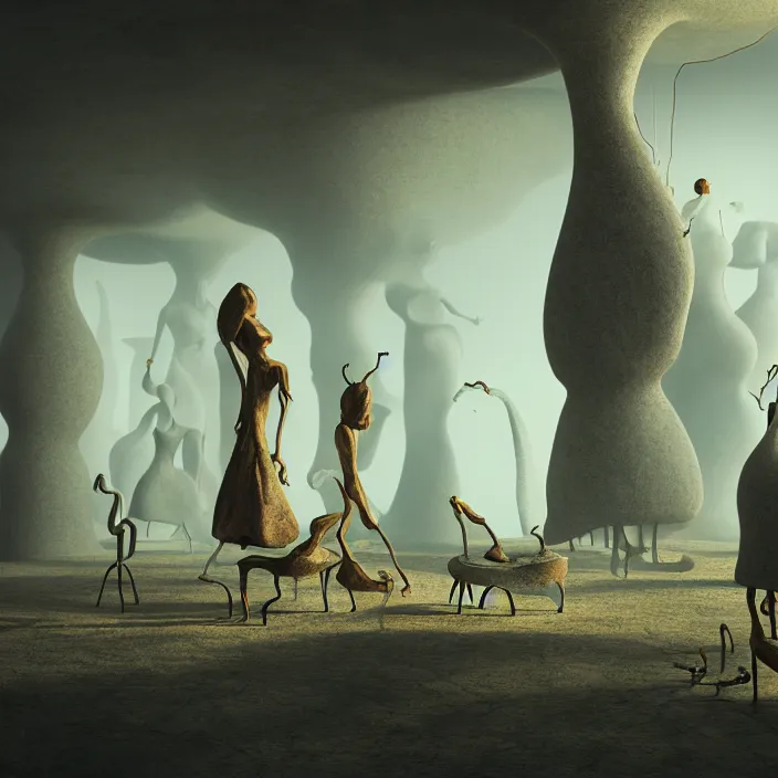 Prompt: a group of characters in a surreal environment by salvador dali, dreamy hazy, highly detailed, 3 d render, vray, octane, realistic lighting, photorealistic