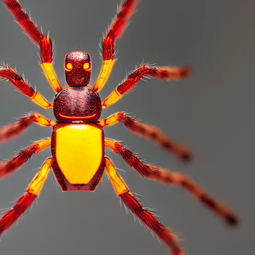 Prompt: a cybernetic spider covered with red and yellow armor. Award-winning photo. OM system 12–40mm