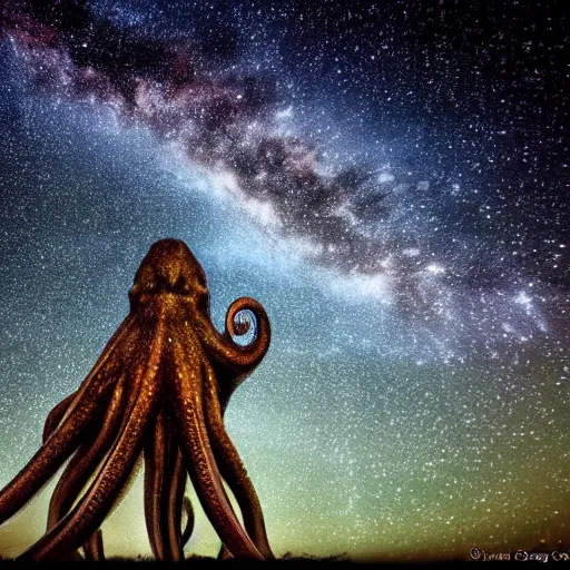 Image similar to a giant octopus god made of stars in floating among the galaxies of the milky way, night sky photography, geo
