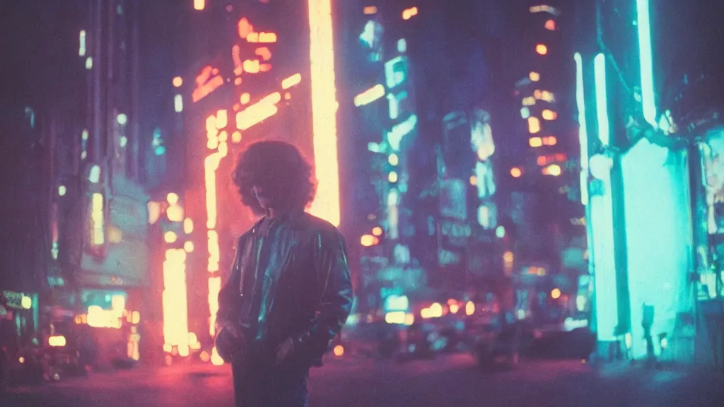 Prompt: portrait of Jim Morrison in a cyberpunk cityscape with neon lights, Cinestill 800t film photo
