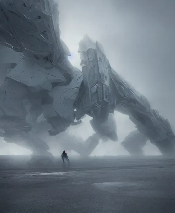 Prompt: surreal romantic covenant prometeus deformation, horizontal white mecha building architecture by ruan jia, futuristic berserk white architecture in the beach in iceland, foggy, highly detailed, digital painting, arstation, concept art, hyperealistic octane render, unreal engine