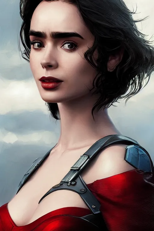 Image similar to a fancy close up of Man of Steel cast as Lily Collins by Greg Rutkowski, Sung Choi, Mitchell Mohrhauser, Maciej Kuciara, Johnson Ting, Maxim Verehin, Peter Konig, 8k photorealistic, cinematic lighting, HD, high details, dramatic, trending on artstation, full body shot