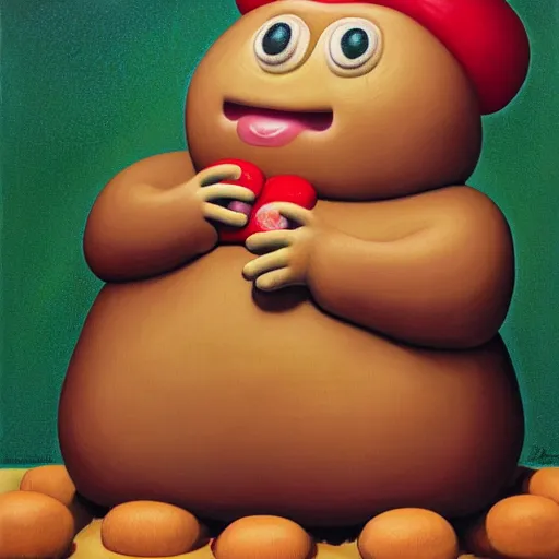 Image similar to portrait of a depressed gingerbread man living in candyland painted by fernando botero and mark ryden and hikari shimoda, lowbrow pop surrealism