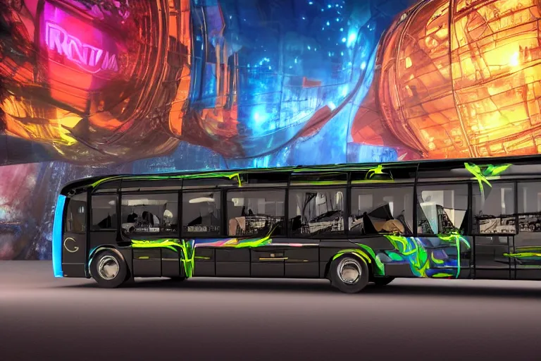 Image similar to photo of a futuristic nightliner bus outside in las vegas at night, custom airbrush paintjob, band name on the bus is tripmachine, realistic digital art, textured with a 3 d render of a huge futuristic steampunk generator, 8 k, fluorescent colors, halluzinogenic, multicolored, exaggerated detailed, unreal engine