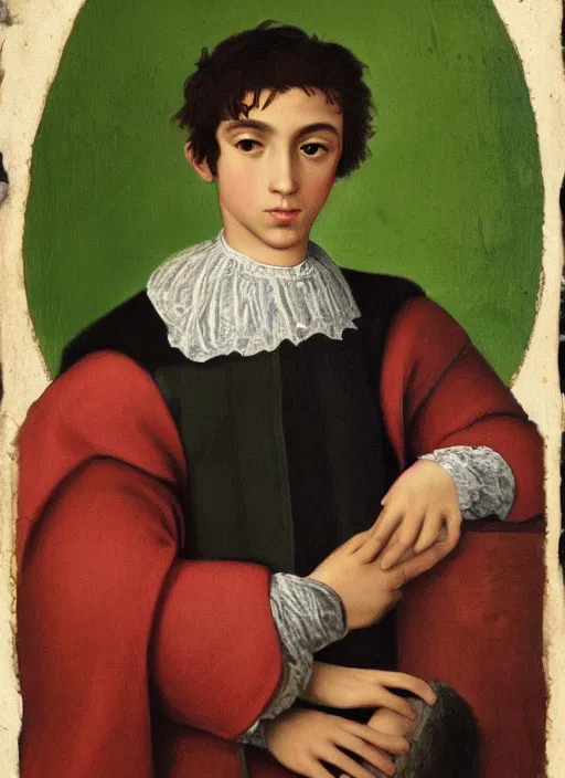 Image similar to a Spanish teenage boy with dark hair and green eyes, sharp jawline with a light beard, done in the style of a renaissance royal portrait