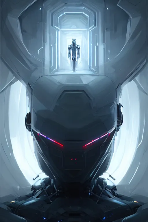 Image similar to professional concept art portrait of a ominous floating robotic species in a dark room by artgerm and greg rutkowski. an intricate, elegant, highly detailed digital painting, concept art, smooth, sharp focus, illustration, in the style of cam sykes.