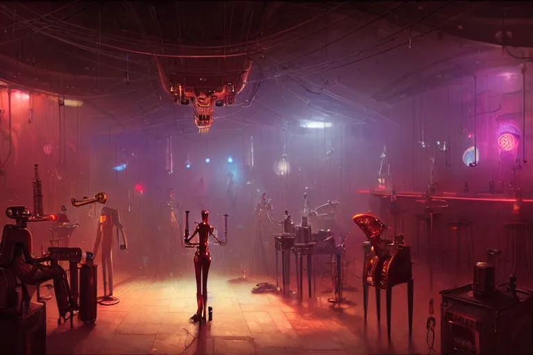 Image similar to night club, 3 steampunk robot jazz musicians, cinematic lighting, exaggerated detailed, unreal engine, art by greg rutkowski