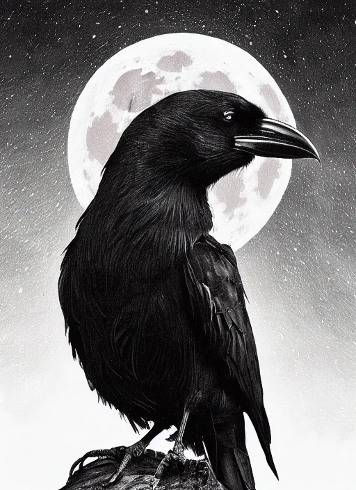 Image similar to portrait, A crow in front of the full big moon, book cover, red white and black colors, establishing shot, extremly high detail, foto realistic, cinematic lighting, pen and ink, intricate line drawings, by Yoshitaka Amano, Ruan Jia, Kentaro Miura, Artgerm, post processed, concept art, artstation, matte painting, style by eddie mendoza, raphael lacoste, alex ross