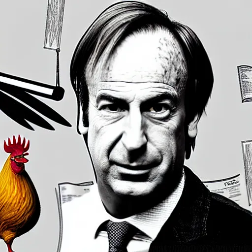 Image similar to saul goodman and a rooster in a medieval torture chamber, saw blades and knives in the background, horror movie, saul goodman, rooster!!!!, real life photo, highly detailed face