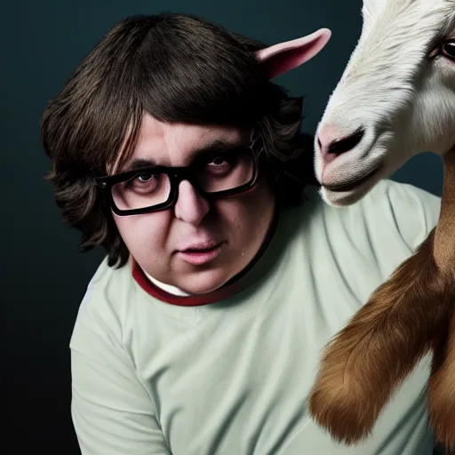 Image similar to andy milonakis as a goat, goat body, human head, anthropomorphic, 4 k, photorealistc, high details