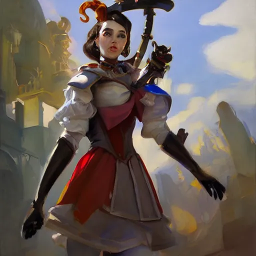 Image similar to greg manchess portrait painting of partially armored alice in wonderland as overwatch character, medium shot, asymmetrical, profile picture, organic painting, sunny day, matte painting, bold shapes, hard edges, street art, trending on artstation, by huang guangjian, gil elvgren, ruan jia, randy vargas, greg rutkowski