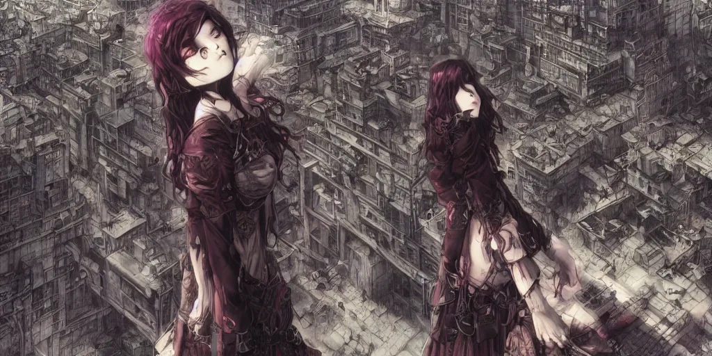 Image similar to goth woman in front of city, color page, tankoban, 4 k, tone mapping, akihiko yoshida, james jean andrei riabovitchev marc simonetti, yoshitaka amano, long hair, curly, h. hydrochaeri