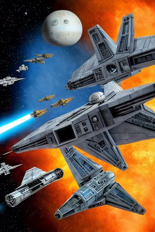 Image similar to starwars space battle, tie fighter, x-wing, star destroyer, Death Star