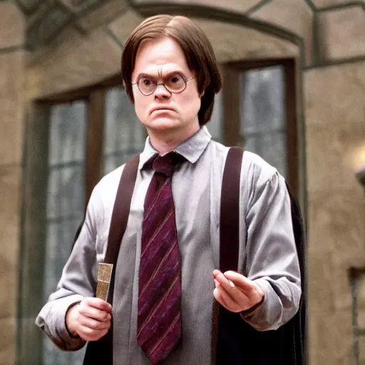 Image similar to dwight schrute playing harry potter in a harry potter movie