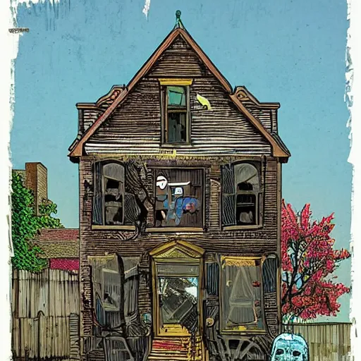 Image similar to A beautiful street art of an old, abandoned house. by Ravi Zupa, by Matt Groening, by Brian K. Vaughan unified