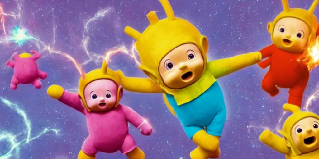 Image similar to teletubbies running on the string destroying everything with a flamethrower.