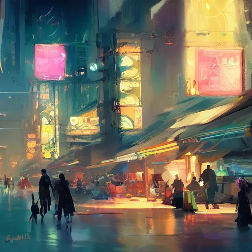 Prompt: a beautiful painting of a strange market in a cyberpunk city, art by Gerald Parel, trending on Artstation, neon color scheme