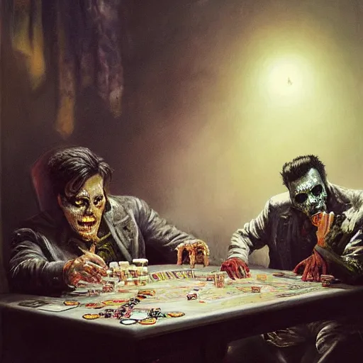 Image similar to UHD tonalism painting of Zombie Elvis playing poker, by Antonio Caparo and Ferdinand Knab and Greg Rutkowski, UHD, photorealistic, trending on artstation, trending on deviantart