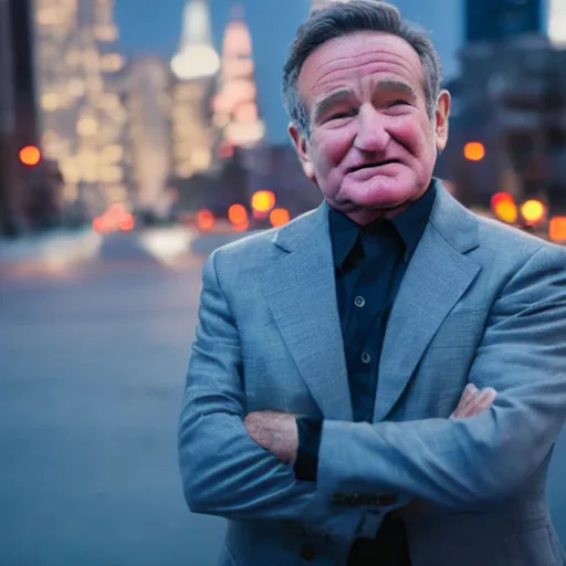 Image similar to a still of Robin Williams. Shallow depth of field. City at night in background, lights, colors ,studio lighting, mood, 4K. Profession photography