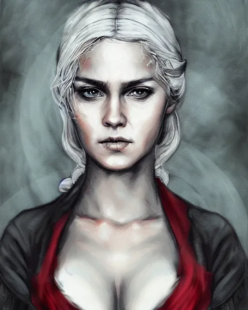 Prompt: Cirilla of Cintra, grunge painting portrait by WLOP, black red ink smoke