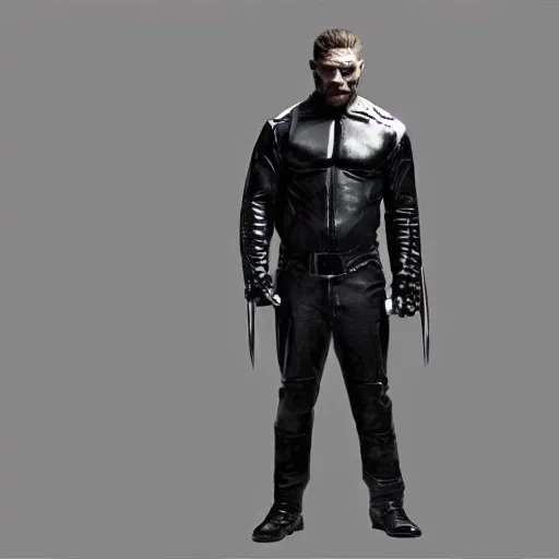 Image similar to Tom Hardy as wolverine in Black Damaged leather suit Digital art 4K quality