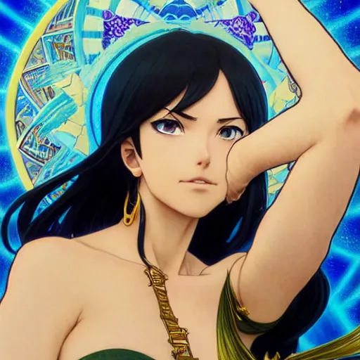 Image similar to highly detailed vfx portrait of nico robin by eiichiro oda, makoto shinkai, alphonse mucha, sharp focus, art by artgerm and greg rutkowski!, backlit, harsh overhead sunlight, blue eyes, stanley kybric, hiroya oku, makoto yukimura, takeshi obata, pixiv, fanbox,