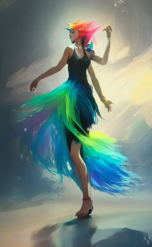 Image similar to a cute woman with rainbow hair dancing, cute tube-top long dress, In style of Yoji Shinkawa, wojtek fus, by Makoto Shinkai, concept art, highly detailed