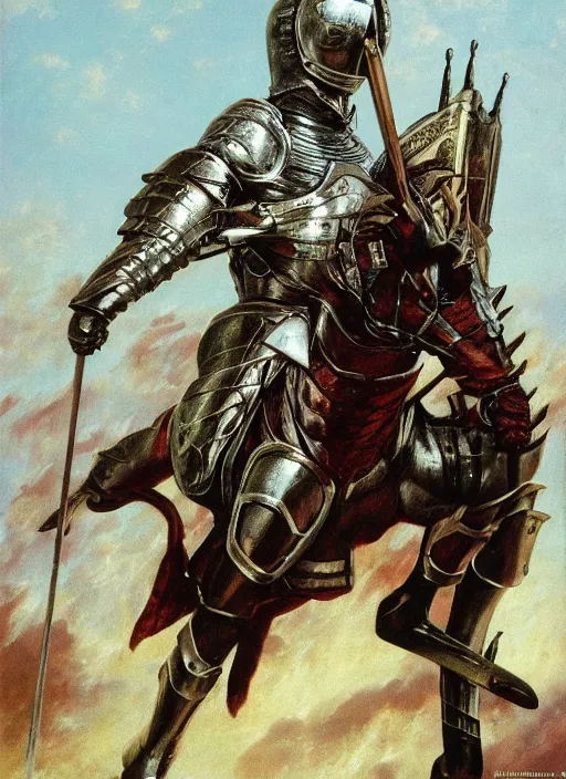 Image similar to gary busey as knight in armour, dynamic action, by lawrence alma - tadema and zdzislaw beksinski and norman rockwell and jack kirby and tom lovell and greg staples, artstation creature art