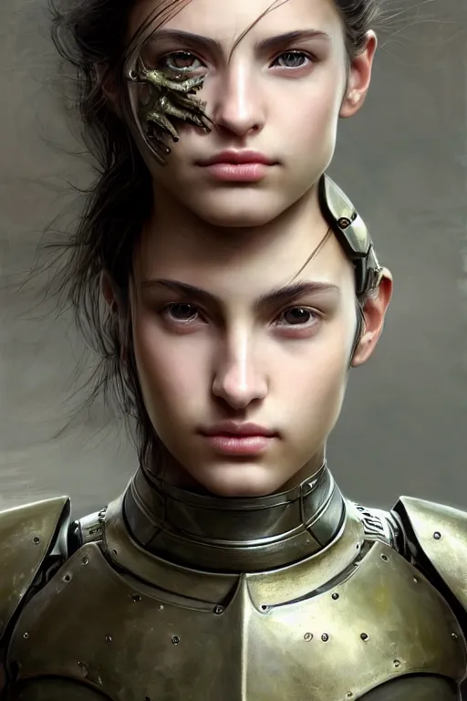 Image similar to a photorealistic painted portrait of an attractive young girl, partially clothed in dull metal-plated battle armor, olive skin, long dark hair, beautiful bone structure, symmetric facial features, photorealistic eyes, natural physique, intricate, elegant, digital painting, concept art, finely detailed, beautifully illustrated, sharp focus, minimal artifacts, from Metal Gear, by Ruan Jia and Mandy Jurgens and Artgerm and William-Adolphe Bouguerea, in the style of Greg Rutkowski, trending on Artstation, award winning