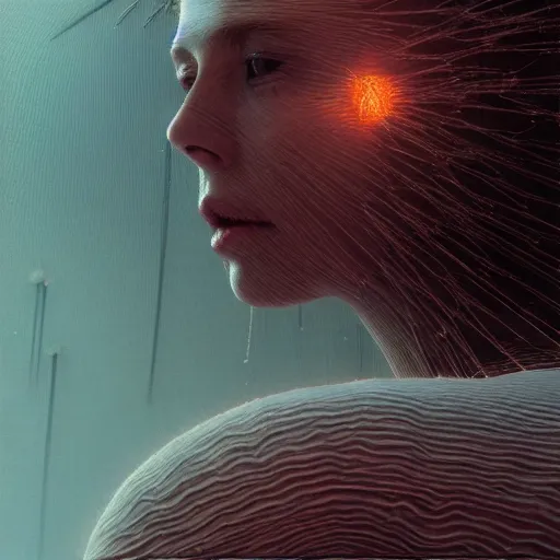 Image similar to Woman, spiky ice crystals on skin, 150mm, shiny, flat background, glowing, wires everywhere, by Edgar Maxence and Ross Tran, Zdzisław Beksiński, and Michael Whelan, distant, gustav dore, H.R. Giger, 8k, octane render