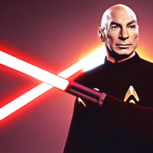 Image similar to captain jean luc picard wielding a lightsaber