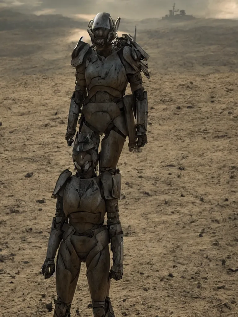 Image similar to emily blunt in futuristic power armor, alone, standing atop a hill, raising her sword, edge of tomorrow movie, angel of verdun, sunset