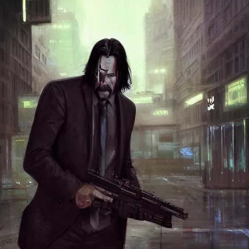 Prompt: an angry john wick in a shootout with a giger alien in the city streets, raymond swanland and magali villeneuve detailed digital painting