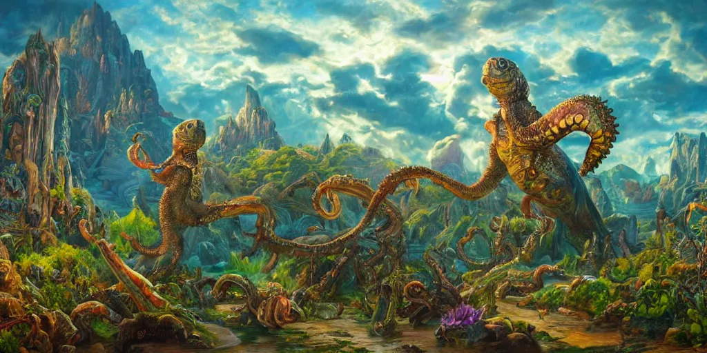 Image similar to fantasy oil painting, great leviathan, cybernetic turtle cephalopod terrapin reptilian pachyderm squid, bella hadid, hybrid, milla jovovich, anubis, epic natural light, lush plants flowers, spectacular mountains, bright clouds, luminous sky, outer worlds, golden hour, michael cheval, edward hopper, michael whelan, vray, hd