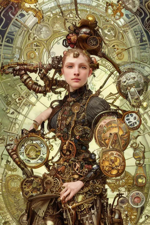 Prompt: beautiful portrait of a steampunk warrior girl wearing a detailed armour of jewels and gold bugs and fantasy beetles , huge mechanical clocks, surrounded by art nouveau mushrooms and vegetation , intricate details, realistic shaded , steampunk, highly detailed, artstation, pretty face, illustration by alphonse mucha and Greg Rutkowski and Ruan Jia, art nouveau, octane render