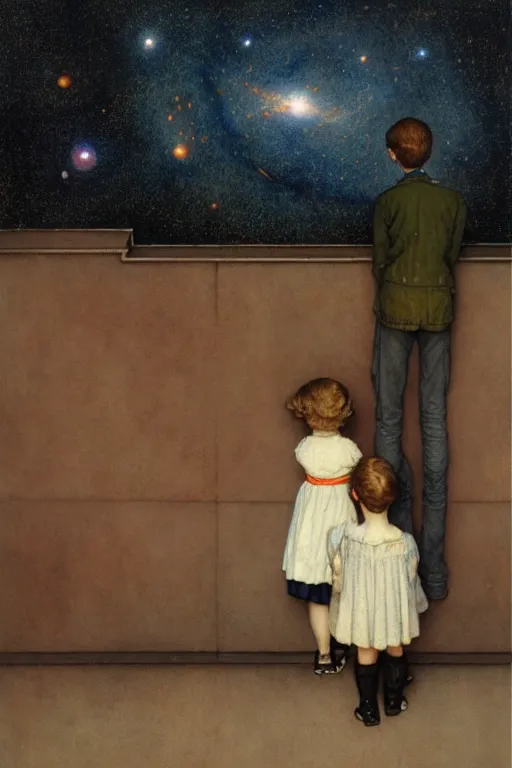 Prompt: a 1 5 year old boy and 2 year old girl looking at a wall and viewing the universe full of galaxies, part by norman rockwell, part by greg rutkowski, part by mattias adolfsson, high angle, ( ( ( ( volumetric lighting ) ) ) ), oil on canvas