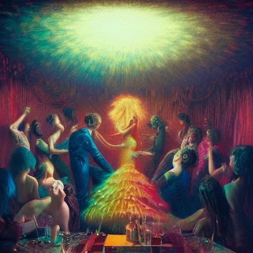 Image similar to young people in a fancy vintage nightclub dancing and drinking, partylights, great colors, by agostino arrivabene, trending on artstation