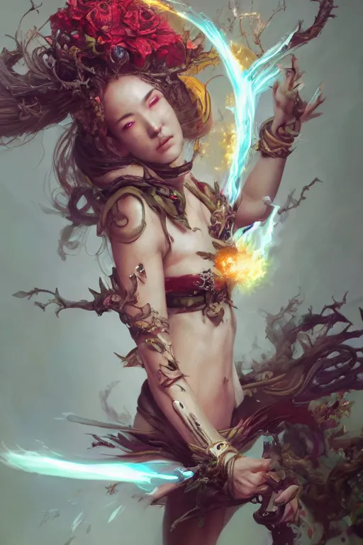 Image similar to extremely beautiful girl necromancer, witch - doctor exploding into flowers, demons, 3 d render, hyper - realistic detailed portrait, holding fire and electricity, ruan jia, wlop. scifi, fantasy, magic the gathering, hyper detailed, octane render, concept art, peter mohrbacher