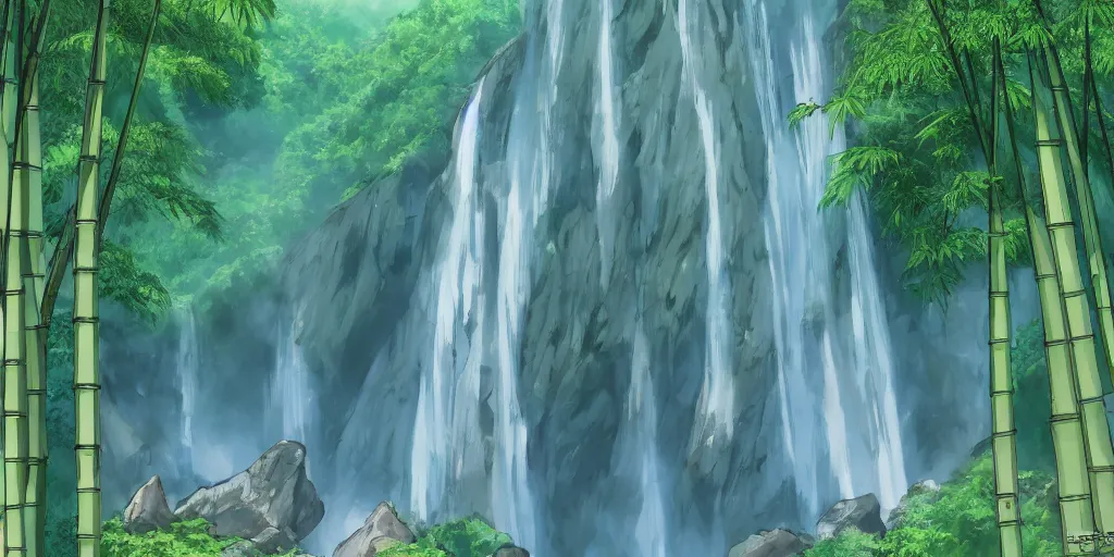 Prompt: misty japanese bamboo forest, cell shaded, huge waterfall!!!!!, large rocky mountain, rule of thirds, sunny, cartoony, drawing, stylized anime, sun rays, soft, by hayao miyazaki, ghibli studio, makoto shinkai, toei animation, studio trigger, trending on artstation, 4 k, hd