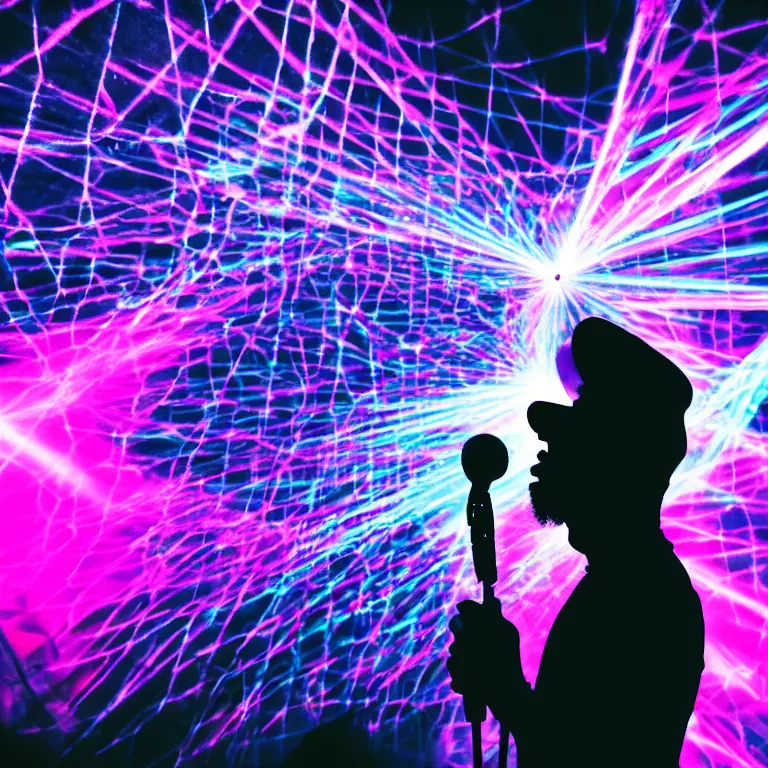 Prompt: rapper holding microphone to mouth, epic angle, profile view, silhouetted, distinct, psychedelic hip-hop, laser light show, beams of light