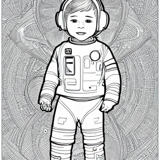 Image similar to clean simple line art of a cute little boy with short straight hair. he is dressed as an astronaut. no background. well composed, clean coloring book page, beautiful detailed face. coloring book line art by artgerm and greg rutkowski and johanna basford and alphonse mucha