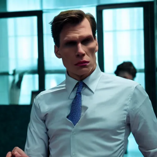 Image similar to Live Action Still of Jerma in American Psycho, real life, hyperrealistic, ultra realistic, realistic, highly detailed, epic, HD quality, 8k resolution, body and headshot, film still