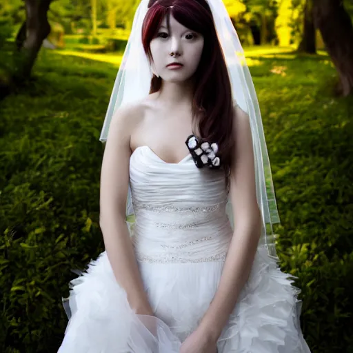 Image similar to a symmetric and beautiful face, professional full length high definition photo of a young woman with twin tails and wedding dress