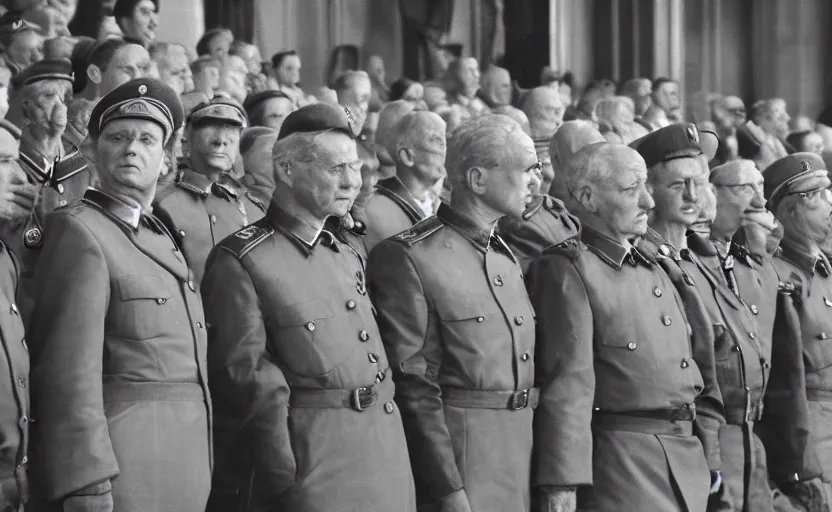 Prompt: 50s movie still of very diverse soviet generals officers marshal and politics head with very detailed faces in a stalinist parlement, by Alexei Guerman, Cinestill 800t 35mm black and white, heavy grainy picture, very detailed, high quality, 4k, HD criterion, precise texture, diverse faces, diverse haircuts, diverse ages, each faces precisely define