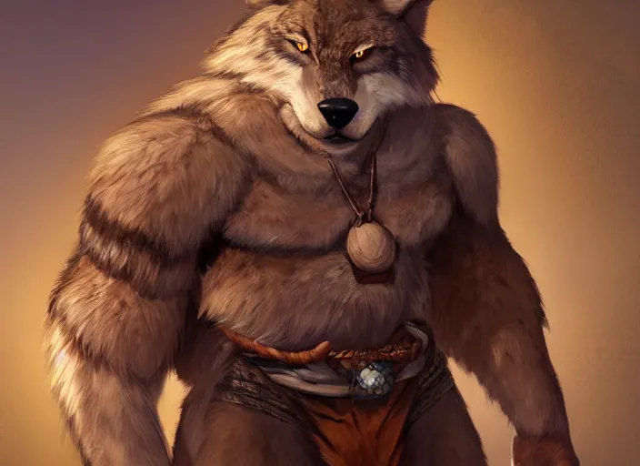 Image similar to burly tough character feature portrait of the anthro male anthropomorphic wolf fursona animal person wearing tribal primitive caveman loincloth outfit belt standing in the entrance to the cave, center framed character design stylized by charlie bowater, ross tran, artgerm, makoto shinkai, detailed, soft lighting, rendered in octane