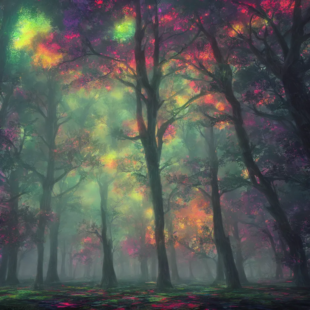 Image similar to huge trees, misty nighttime. radiating colorful energy. photorealistic, moody atmosphere,, holographic undertones, intricate and detailed, highly saturated colors, by kan liu, breath of the wild, studio ghibli. trending on artstation. award winning, daily deivation