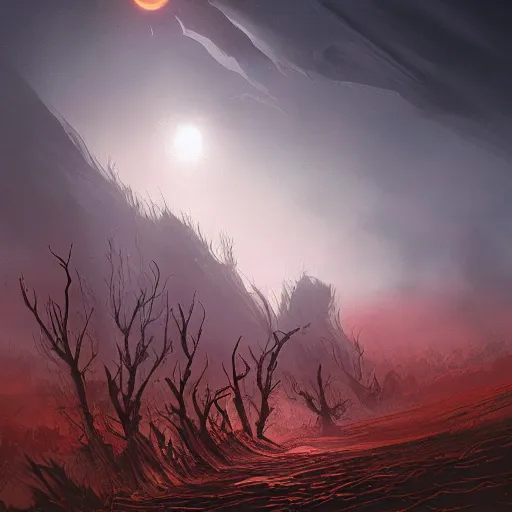 Image similar to Epic portrait doomsday earth full of dead trees and wasteland desert, red sky, red giant sun in front, blurred background, digital painting, artstation, concept art, soft light, hdri, smooth, sharp focus, illustration, fantasy, intricate, elegant, highly detailed, D&D, matte painting, in the style of Greg Rutkowski and Alphonse Mucha and artemisia, 8k, highly detailed, jurgens, rutkowski, bouguereau, pastoral, rustic, georgic