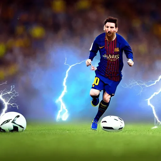 Prompt: lionel messi running extremely fast while his body emits blue lightning, 8 k